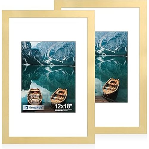 12x18 Frame Set of 2, Gold Wood Style - Display 8.5 x 11 Diploma with Mat or 12x18 Poster without Mat, Wall Mounting Horizontal and Vertical