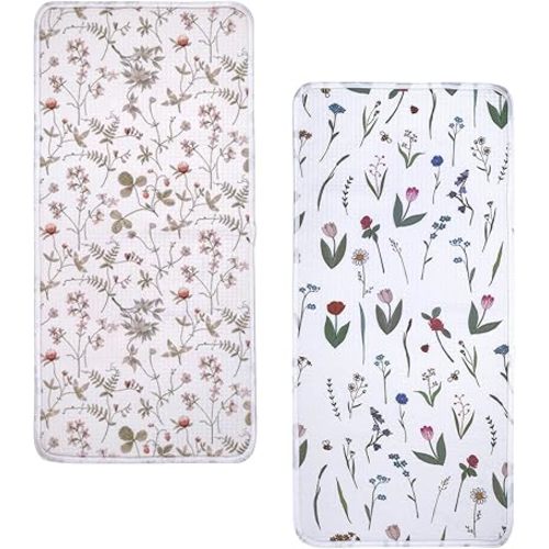 haakaa Waterproof Changing Pad Liners, 100% Cotton, Soft & Breathable (2pcs, 13" x 27.5" Honey Blossom+Vintage Garden)