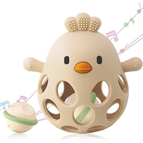 2-in-1 Baby Teething Toy, Easy Grasp Oball Rattle & Teether Toy for Babies 0-12 Months, 100% Food Grade Silicone, 3-6 6-12 Month Baby Teething Relief Toy, BPA Free