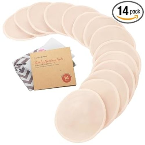 Organic Nursing Pads, 14 Washable Breast Pads,Wash Bag (Bare Beige, L 5") | Viscose Derived from Bamboo, Breast Pads for Breastfeeding, Reusable Nipple Covers, Breastfeeding Essentials, Soft, Absorbent