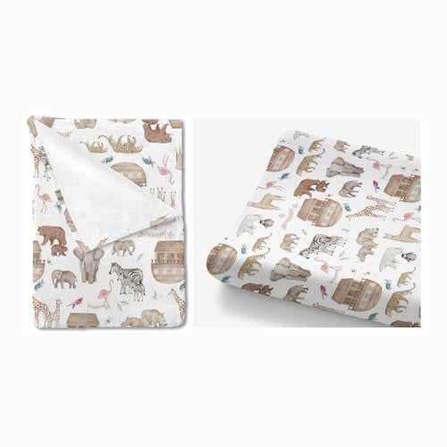 HawSkgFub 2 Packs Noah’s Ark Animal Boat Religious Themed Baby Boys Girls Blankets + Changing Pad Covers