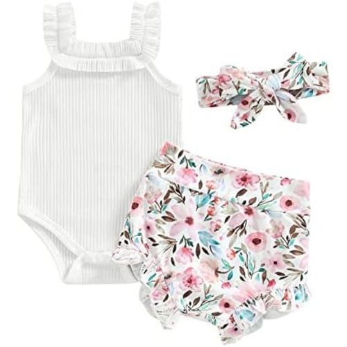3pcs Toddler Girls Summer Outfits Ribbed Halter Crop Top Romper Bodysuit +Floral Bloomer Shorts+Headband Clothes Set