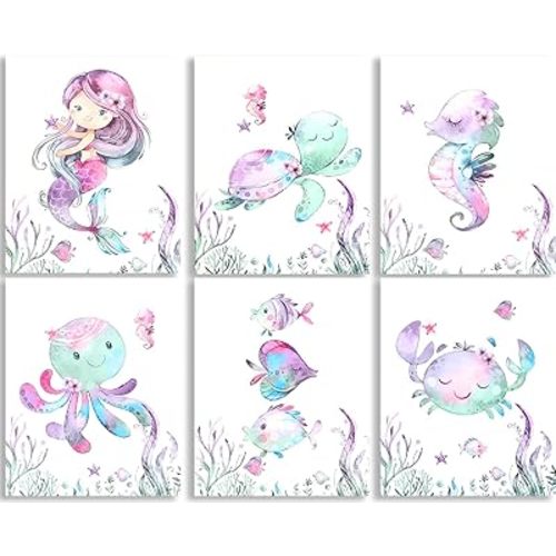 Mermaid Nursery Wall Art Prints,Sea Life Wall Art,Nautical Ocean Animal Prints,Watercolor Seahorse Octopus Turtle Crab Sea Creatures Posters,for Girls Bedroom Decoration Nursery Kids Room Wall