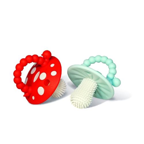 RaZbaby Soft Silicone Infant & Baby 3M+ Teether Toy Massaging Bristles Teething Relief Pacifier - Soothes Sore Gums - Hands-Free & Easy-to-Hold Chompy Teether, BPA Free (RED/Green)