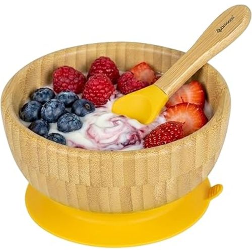 Abiie Octopod Bamboo Baby Bowl Set for 4 Months and Up – Mess-Free High Chair Suction Bowl with Spoon for Toddlers and Kids - Ergonomic Baby Feeding Essentials - 5.7" x 3" x 5.7" - Yellow