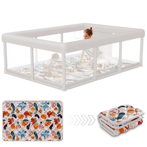 Baby Playpen 74"x50" Play Pens for Babies and Toddlers, Large Play Yards for Indoor & Outdoor with Zipper Gates, Breathable Mesh with Mat