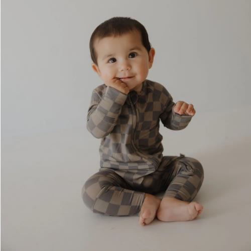 Bamboo Zip Pajamas | Faded Brown Checkerboard