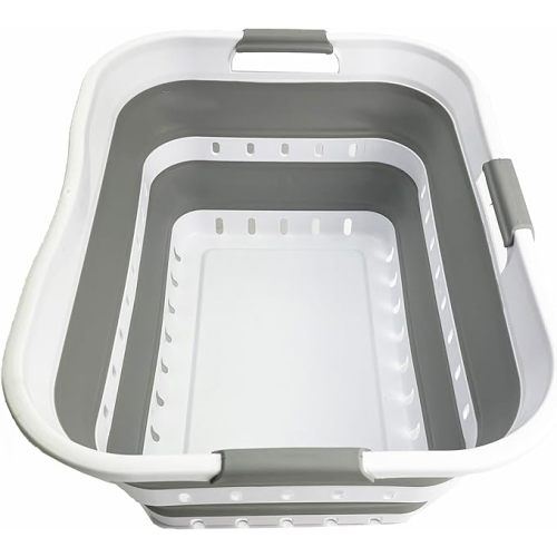 SAMMART 42L (11 gallon) Collapsible Plastic Laundry Basket - Foldable Pop Up Storage Container/Organizer - Space Saving Hamper/Basket (1, Grey/White)