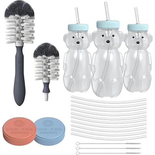 Honey Bear Cup Bundle - 3-Pack + Accessories & Brushes Aqua & Red
