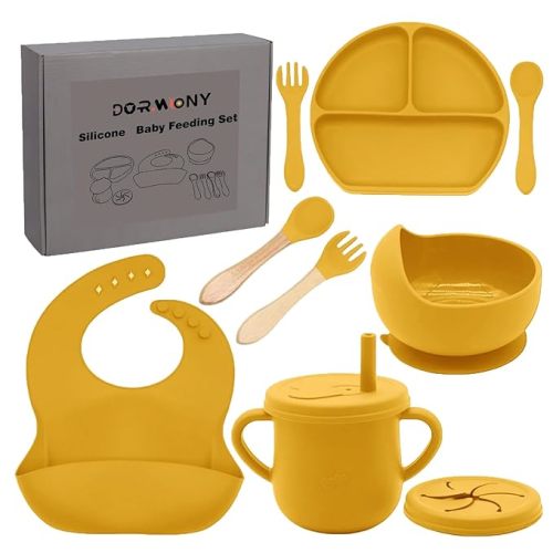 100% Silicone baby feeding set,BPA free Baby dishes set with Suction Bowl Divided Plate,Toddler Self Feeding Dish Set with Spoons Forks Sippy Cup And Bib, Baby Eating Utensils (Pumpkin)