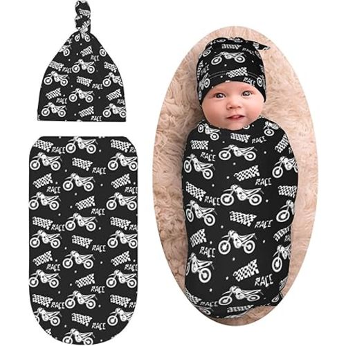 Motorcycle Baby Stuff Newborn Baby Swaddle Blanket with Beanie Hat,Swaddle Blanket Gifts for Infant Shower Boys Girls