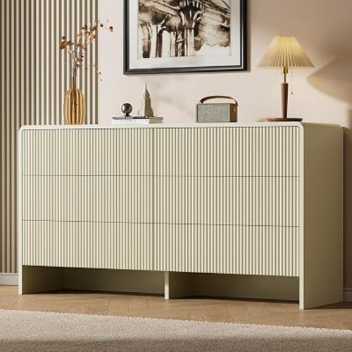 Furniway Beige 6 Drawer Dresser for Bedroom, 55.1" Wide Chest of Drawers