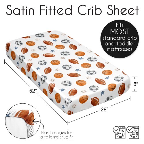 Sweet Jojo Designs Sports Theme Boy Satin Fitted Crib Sheet Watercolor Sport Soccer Balls Football Baseball Basketball Blue Star
