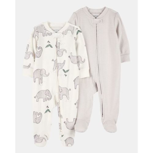 SIZE: 3M - 2-Pack Striped Elephant 2-Way Zip Cotton Sleep & Play Pajamas (Grey)