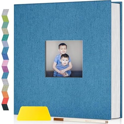 popotop Photo Album Self Adhesive with Picture Display Window,60 Pages DIY Scrapbooking Supplies Kit for 4x6 8x10 Picture,Linen Cover Memory Book for Baby Wedding, with Scraper and Metallic Pen