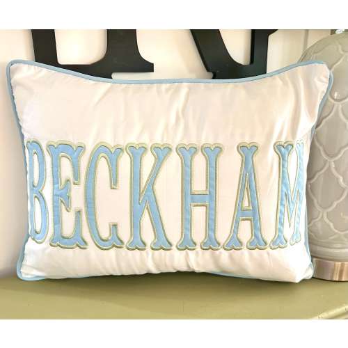 Embroidered Name Pillowcase, Personalized Baby Boy Nursery Decor - Light blue with sage