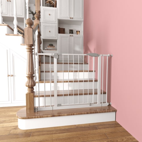 29.5-45.3" Wide Baby Gate for Stairs,Toddler Safety Essentials for The House, Dog Gate Indoor for Doorways, No Drilling Pressure Mounted Pet Gates for Kids, Easy Walk Through Safety Gate, White