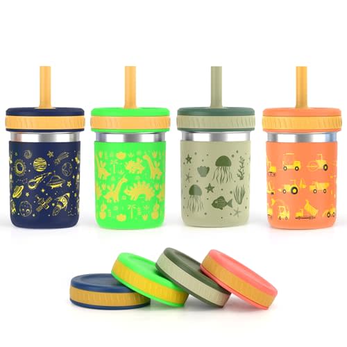 Sursip 10 oz Stainless Steel Kids Cups with Silicone Sleeves & Straws | Spill-Proof Sippy Cup for Drinks & Snacks, Smoothie Cups for Toddlers, BPA-Free, Dishwasher Safe
