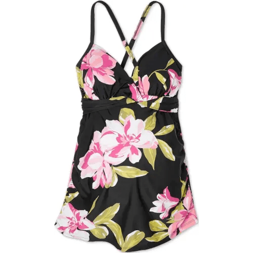 Isabel Maternity by Ingrid & Isabel Women's Maternity Floral Print X-Back Tankini Top- Black Floral - (Medium)