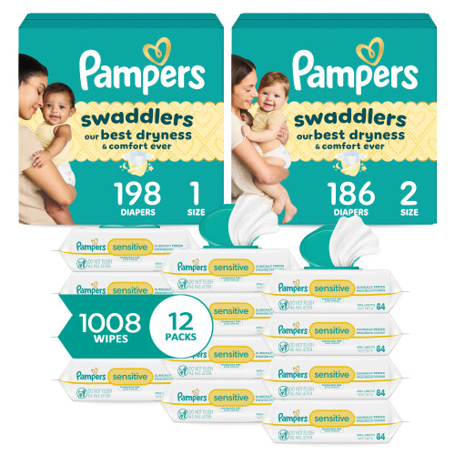 Pampers Swaddlers Diapers Starter Kit:  Sizes 1 (198 Count) & 2 (186 Count) +  Sensitive Wipes 12 Pack ( 1008 Count)