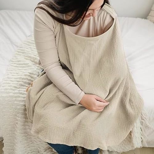 Breathable Nursing Cover for Breastfeeding – Extra Wide Hoop for Eye Contact, 100% Muslin Cotton Carseat Canopy, Travel-Friendly Nursing Apron with Adjustable Neck Strap (Cream Apricot)
