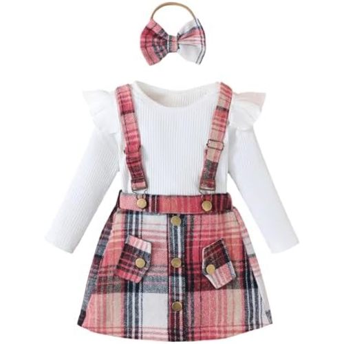 Baby Girl Clothes Sets: 3 Piece Skirt Sets Ribbed Top Plaid Skirts with Headband Fall Outfits for Toddler 6-48 Months