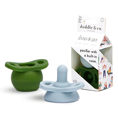 Doodle & Co. Pop & Go Pacifier for New Born Babies with Built-in Case | Pinch to Close Version | 100% Silicone for Infants | Helps Promote Oral Development | Plastic Free | 3+ Months