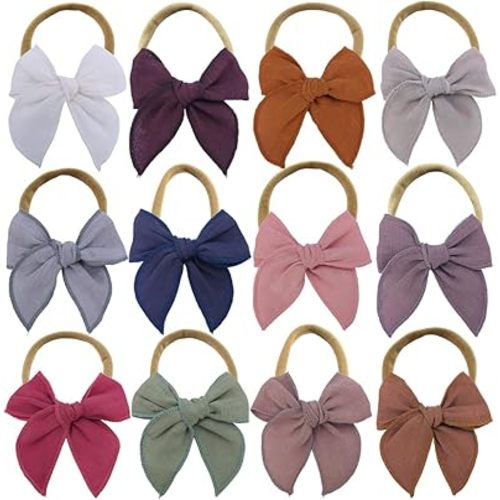 Sugarmelon Linen Bow Nylon Headband for Baby Newborn Infant Toddler Hair Bow Elastic Bands for Baby Girls Little Kids Headbands (Linen Fable bow 3'')