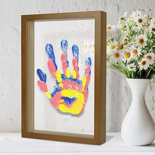 IvyWind Family Handprint Kit, DIY Hand and Footprint Kit Wooden Frame, Handmake Craft Keepsake- 6 Colors Non-Toxic Paint, Gifts for New Mom, New Parents, Mother's Day, Home Decor (Brown)