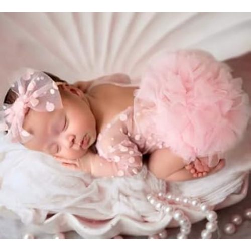 Ylsteed Newborn Girl Photoshoot Outfits Lace Romper with Headband Baby Elegant Gorgeous Photography Outfit - Dots Pink