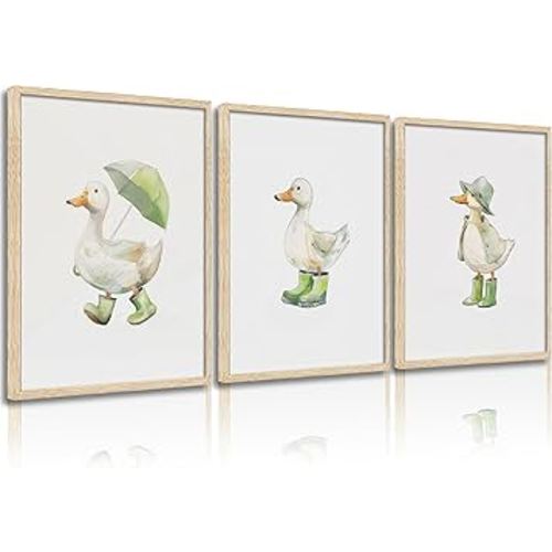 3Pcs Baby Animal Nursery Wall Art Funny Green Rain Gear Duck Painting Picture Wall Decor This Set of 3 Happy Ducks Wearing Green Boots Poster Print Artwork for Kids Boys Room Bedroom Decorate,Unframed