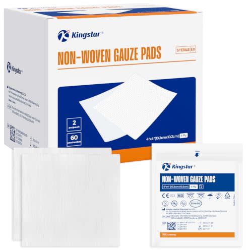 Kingstar Sterile Nonwoven Gauze Pads, 4"x 4", 60 Packs - 120 Pieces | Soft Sponge Pads, Higher Absorbent Gauze Compresses for Trauma or Post-Operative Wound Care