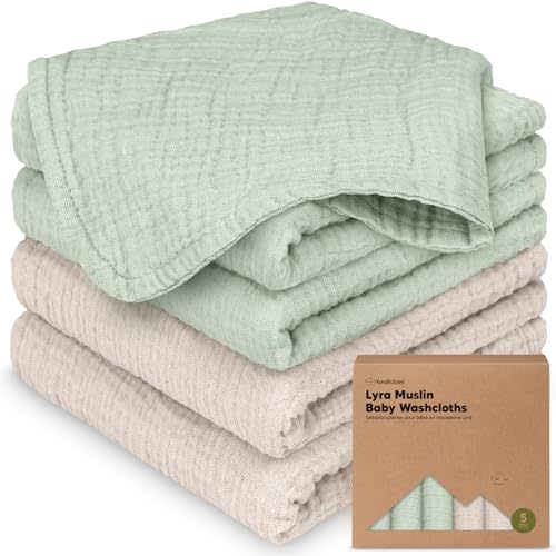 5pk Muslin Baby Washcloths for Newborn, 12x12 Soft Absorbent (Sage) | Organic Cotton Muslin Wash Cloths for Babies Girl, Boy, Infant, Toddlers, Kids Face Towel,Bath Essentials,Baby Burp Rags