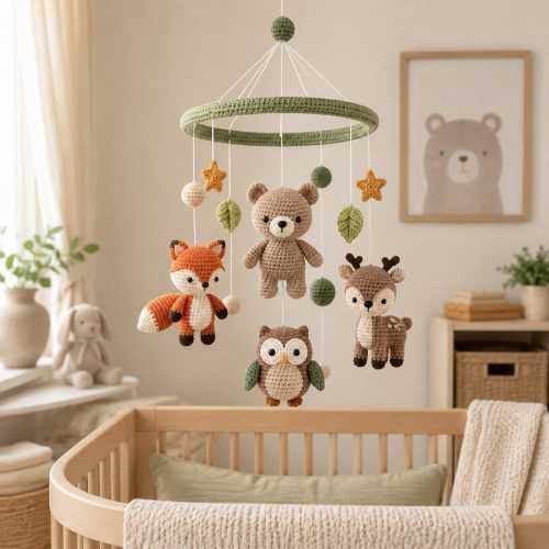 Woodland Forest Crochet Mobile, Woodland Animals, Nursery Keepsake, Heirloom Crib Hanging