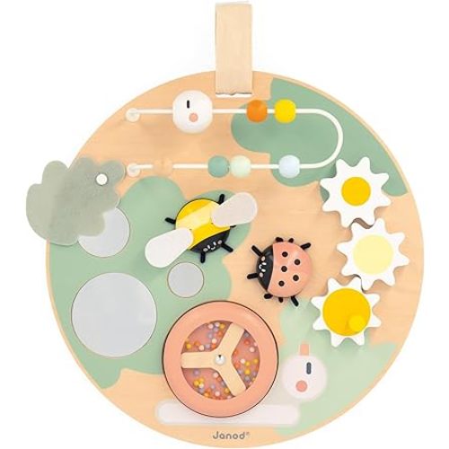 Janod - Sweet Cocoon Wooden Multi-Activity Hanging Busy Board - Engaging Toddlers During Travel - Stimulates Sensory Development - Enhances Fine Motor Skills - Safe Certified Materials - J04057