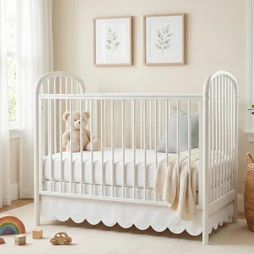 White Crib Skirt, 28 x 52 Inch, 14 Inch Drop, Scalloped Edge | Ruffle Design, Split Corners, For Girl Boys Neutral, Fits Standard Cribs