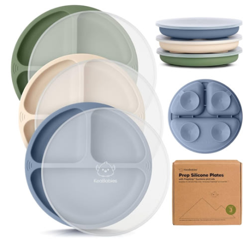 KeaBabies Suction Plates with Lids for Baby - 3-Pack 100% Silicone Toddler Plates with Suction, Divided, BPA-Free Baby Led Weaning Essentials for Kids, Dishwasher, Microwave Safe, Durable (Slate)
