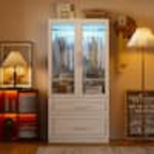PAKASEPT White 31.5 in. W Armoire Wardrobe Closets with Glass Doors and Drawers, Motion Sensor Closet Lights, Freestanding Closet TTAK001wxx