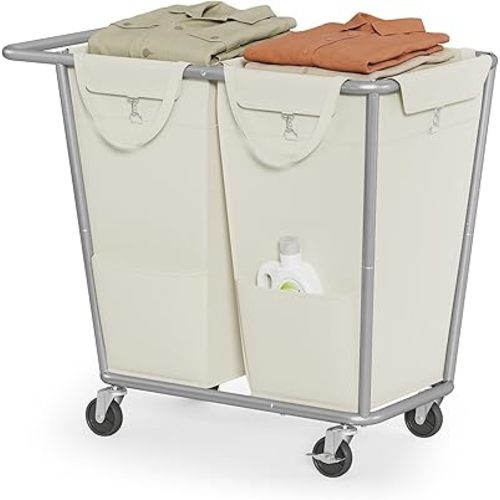 SONGMICS Laundry Basket with Wheels, 2-Section Laundry Sorter, 50.2 Gallons (190 L) Rolling Hamper with Removable Bags, Heavy-Duty Steel Frame, Cream White URLS009W01