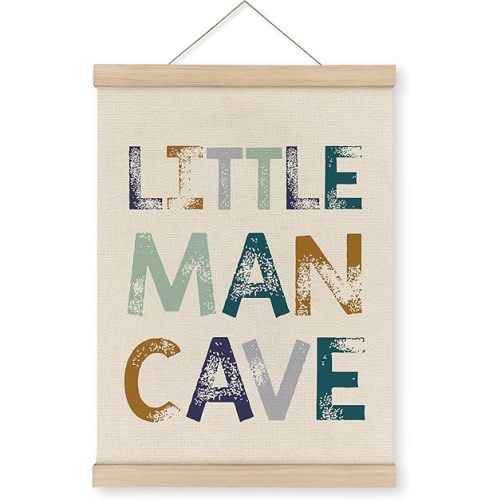 MAQIKA Little Man Cave Poster Framed with Wood Hanger, Nursery Decor for Boys, Boy Nursery Hanging Wall Decor, Little Man Cave Sign Canvas Wall Art Paints for Toddler Boys Room 12x16 Inch