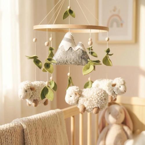 Sheep Baby Mobile, Felt Mountain Nursery Decor, Neutral Crib Mobile, Woodland Animal Hanging