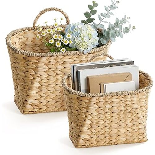 TIDITA Set of 2 Wicker Wall Baskets, Woven Hanging Basket - Water Hyacinth Hanging Baskets for Organizing - 2PCS Wall Basket Decor with Handle - Wall Hanging Baskets for Flowers, Decor, Vegetables