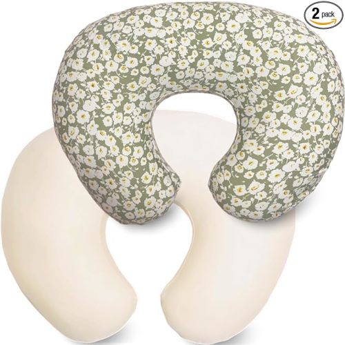 2 Pack Ultra Soft Nursing Pillow Covers for Baby Girl & Boy, Stretchy Boppy Compatible Cover for Breastfeeding Pillows, Easy to Use & Clean (Beige,Wild Floral)