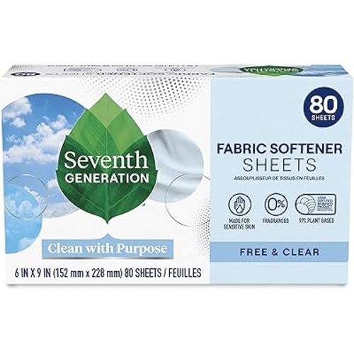 Seventh Generation Dryer Sheets Laundry Fabric Softener, Free & Clear Made for Sensitive Skin, 80 Sheets