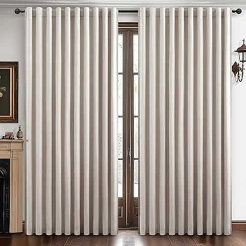 Blackout Curtains 60 Inches Extra Wide Natural Linen Curtains 84 Inch Length for Living Room, Pleated Farmhouse Bedroom Thermal Drapes for Winter Thick Window Energy Efficient 60"W x 84"L 2 Panels