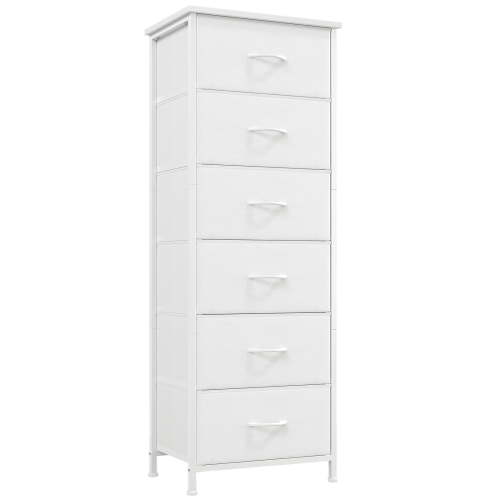 Eunos 6 Tall Dresser for Bedroom Living Room, Fabric Bins Chest of Nightstand, White Leather