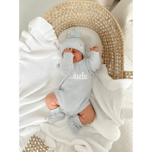 Set | Personalised Chunky Knit Baby Romper & Hat & Booties | Baby Blue – Lula Little Ones