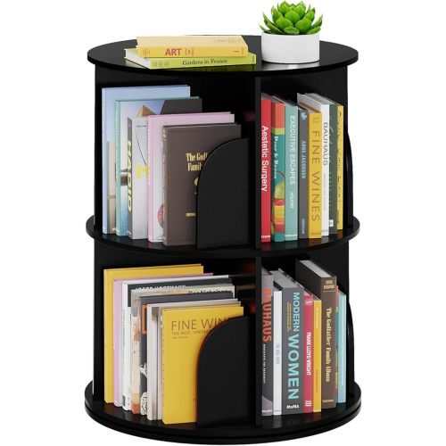 SpaceAid 2 Tier Rotating Bookshelf Tower, Spinning Bookcase Lazy Susan, Revolving 360 Book Shelf Storage Round Carousel, Vertical Rotate Turning Spiral Corner Organizer, Black