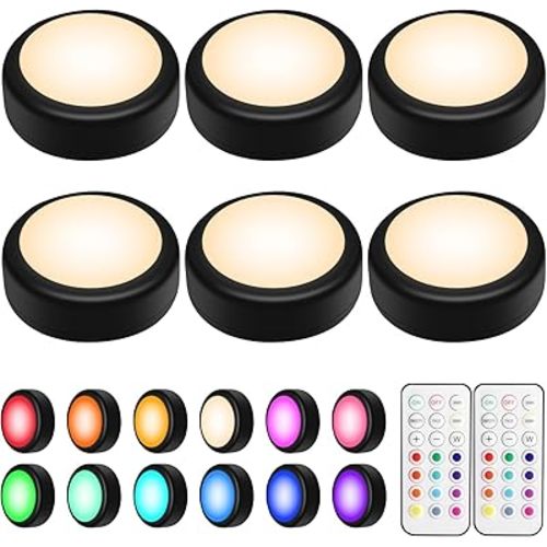 BLS LED Puck Lights with Remote Control, Wireless Under Cabinet & Closet Lighting, RGB 13 Color Changing Lights with Dimmer, Timer & AA Battery Operated, Push, Touch, Stick on for Night, Black, 6 Pack