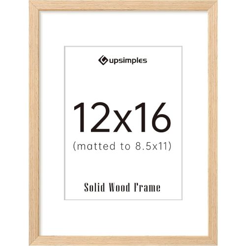 upsimples 12x16 Frame, Natural Solid Wood Picture Frames, Display 8.5x11 with Mat or 12 x 16 Without, Vertical & Horizontal Wall Hanging, 1 Pack, Natural